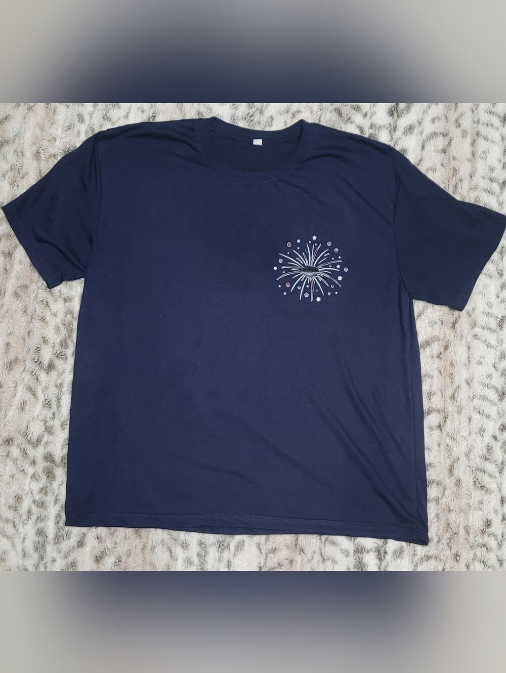 Unisex Navy Blue Graphic Tee with Fireworks & American Flag Accent